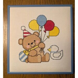 Finished FRAMED Cross Stitch Teddy Bear Duck Balloon Nursery Baby Wall Art 9X9"
